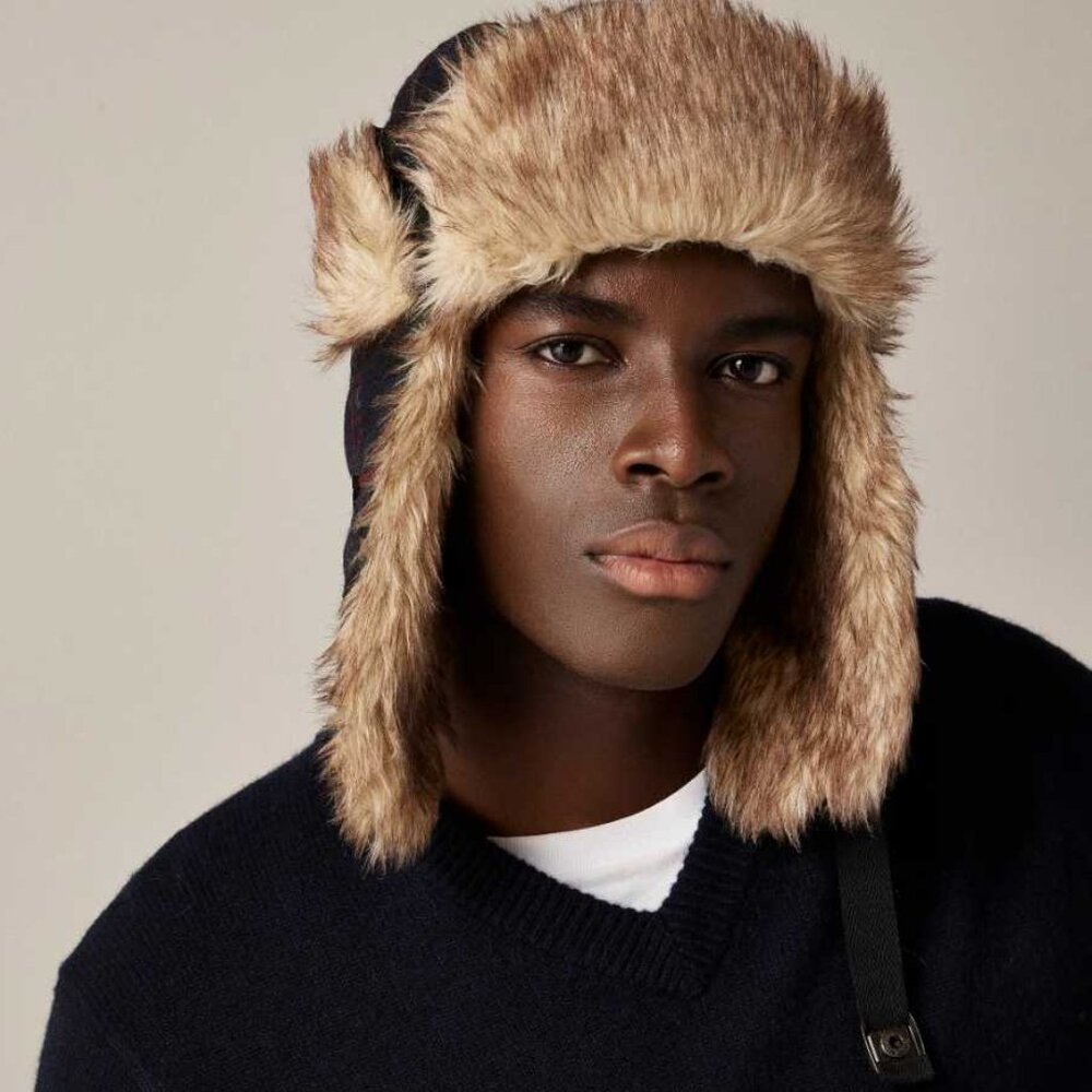 New men's J Crew English wool faux-fur lined trapper hat in green tartan plaid